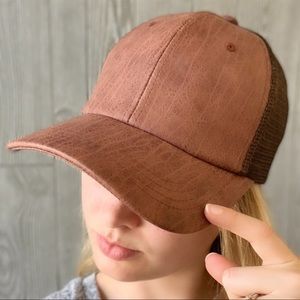 Deep red brown faux leather hat with mesh back